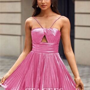 Stacees Metallic Pink Strappy Mini Dress With Pleats XS NWT